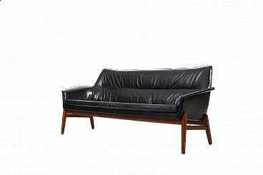Divano Wing in pelle e teak di Ib Kofod-Larsen, anni '50