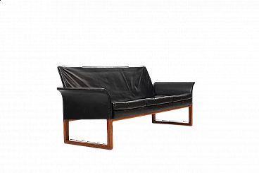 Divano in teak e pelle nera, anni '60
