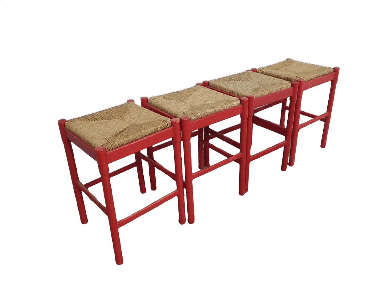 4 Wooden stools with straw seat, 1980s 11
