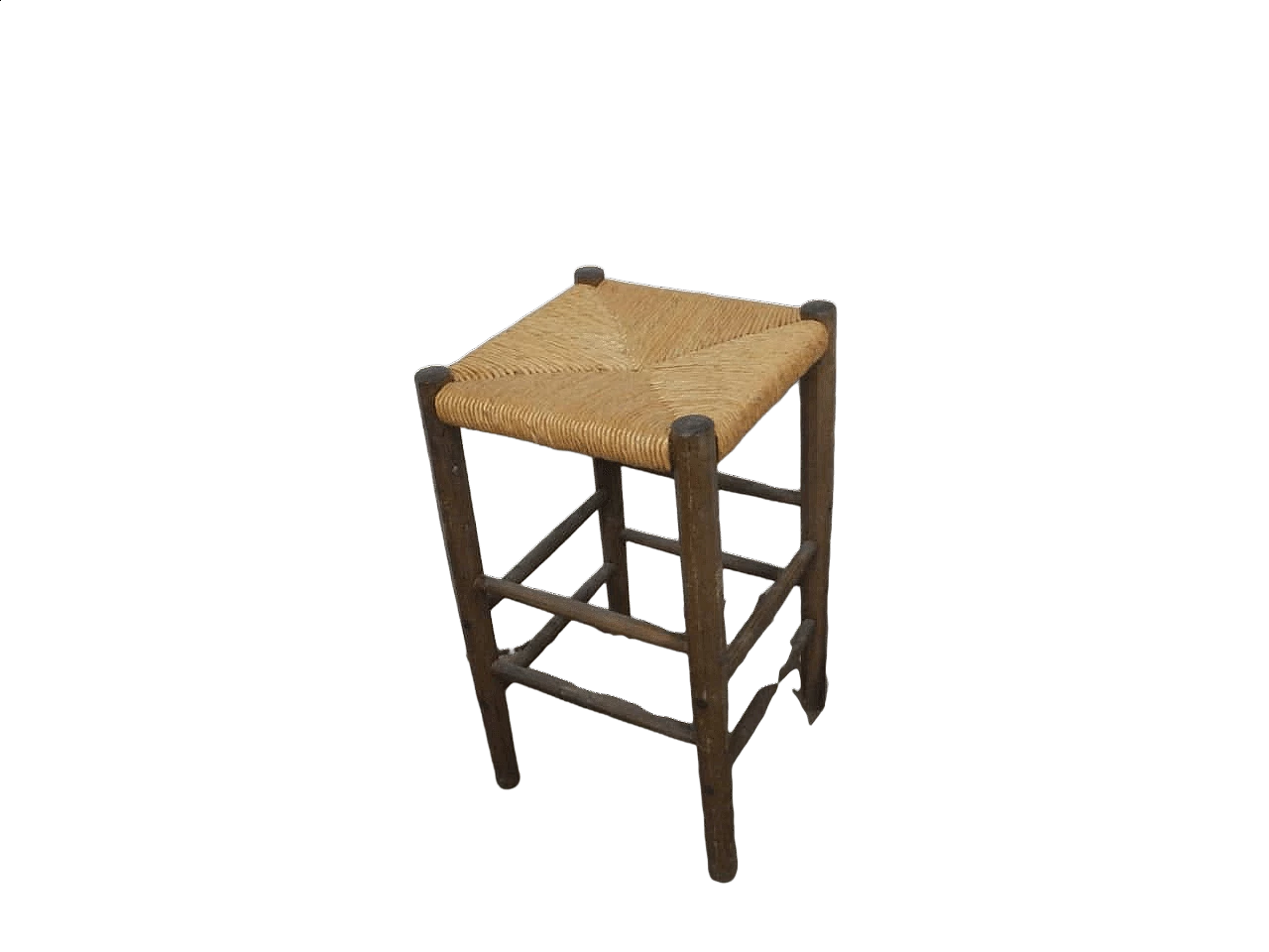 Sgabello in legno e seduta in paglia, anni '60 11