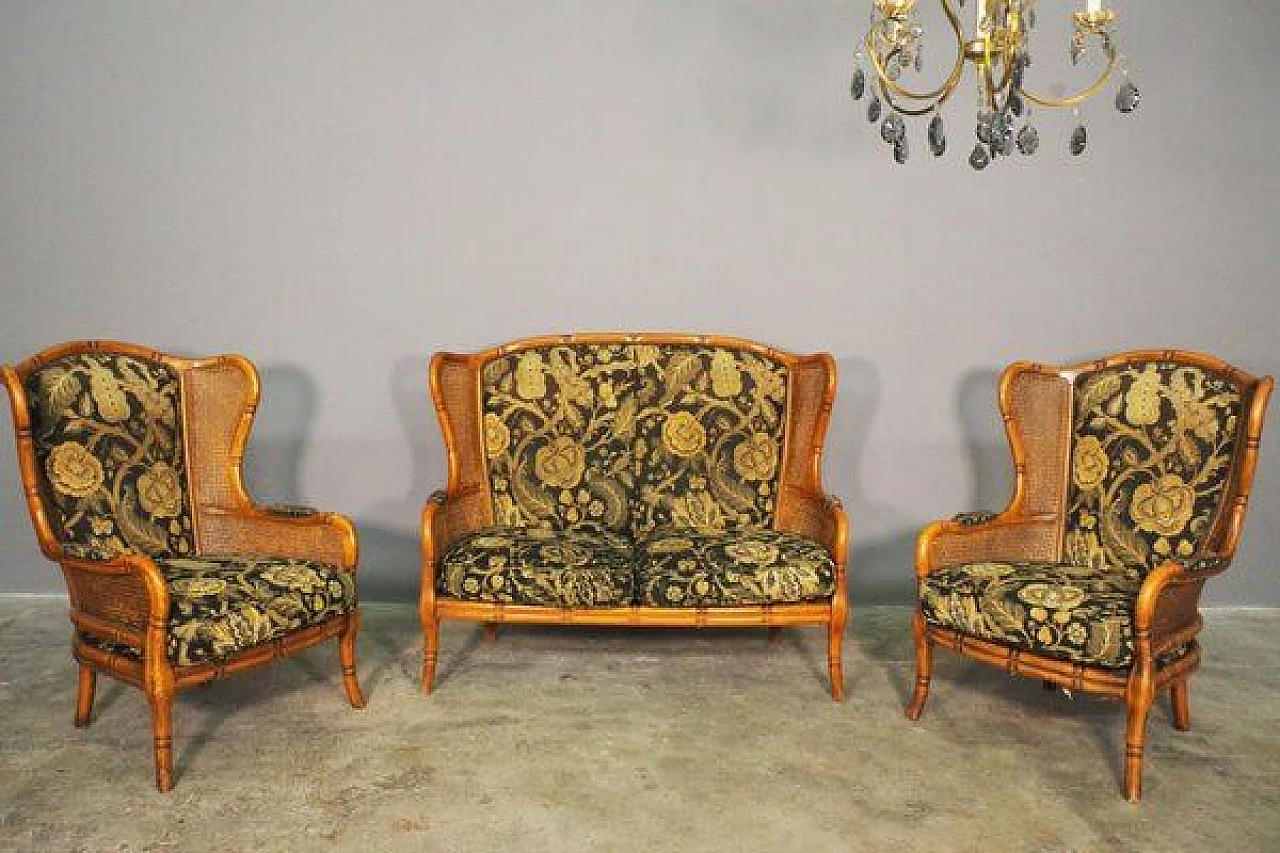 Sofa and pair of armchairs in bamboo, wicker and fabric, 1980s 1