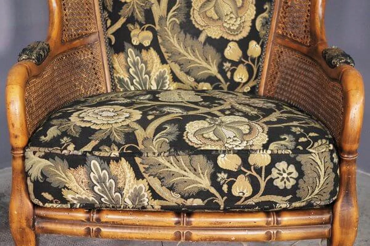 Divano e coppia di poltrone in bambù, vimini e tessuto, anni '80 2