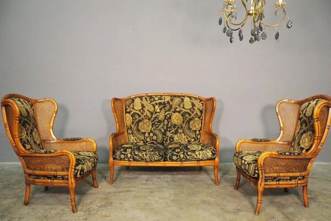 Sofa and pair of armchairs in bamboo, wicker and fabric, 1980s 3