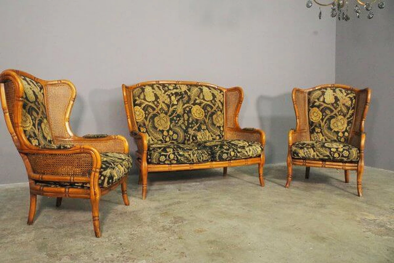 Sofa and pair of armchairs in bamboo, wicker and fabric, 1980s 4