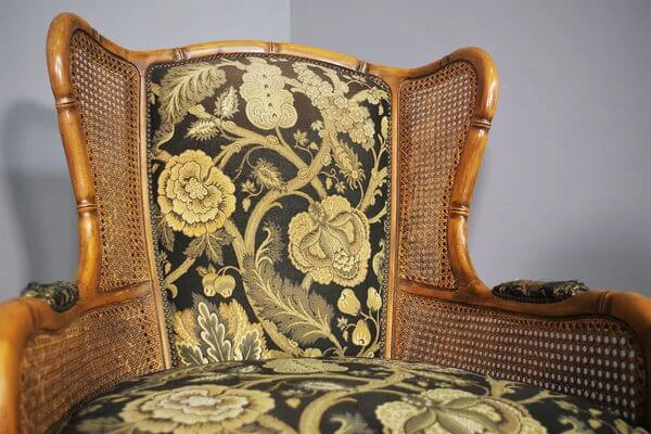 Divano e coppia di poltrone in bambù, vimini e tessuto, anni '80 5