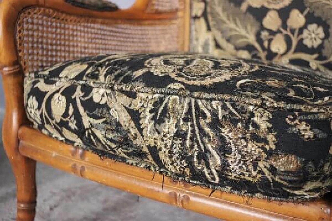 Divano e coppia di poltrone in bambù, vimini e tessuto, anni '80 7