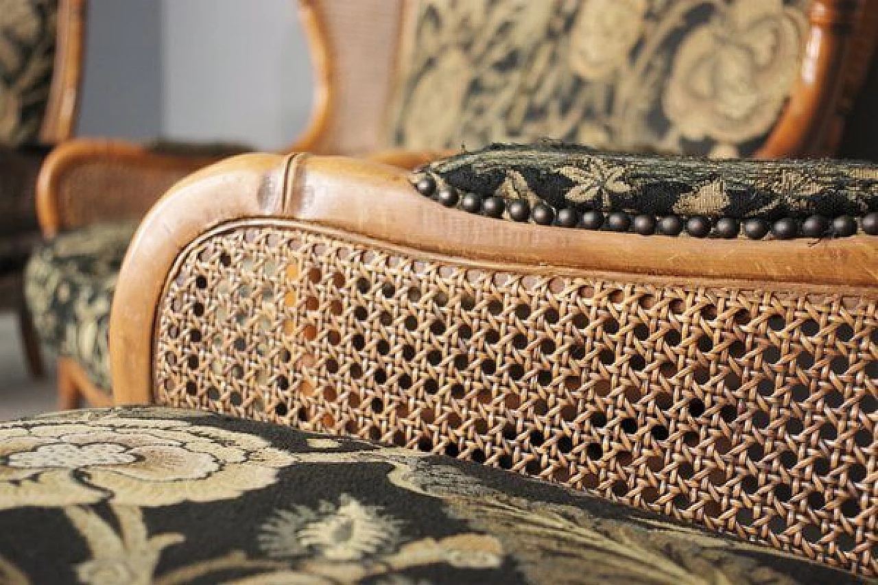 Divano e coppia di poltrone in bambù, vimini e tessuto, anni '80 8