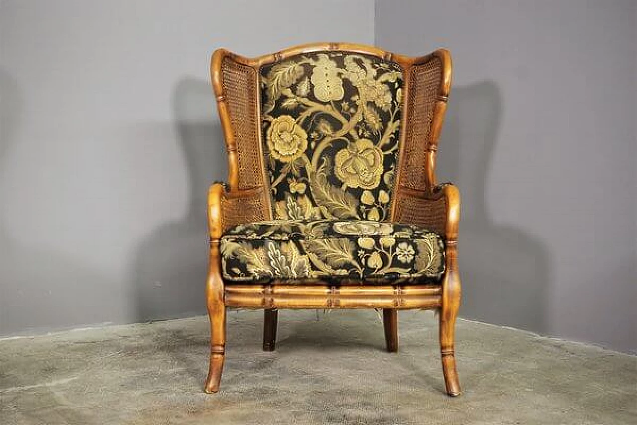 Divano e coppia di poltrone in bambù, vimini e tessuto, anni '80 9