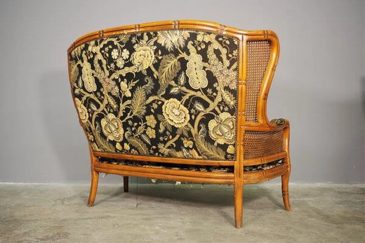 Sofa and pair of armchairs in bamboo, wicker and fabric, 1980s 10