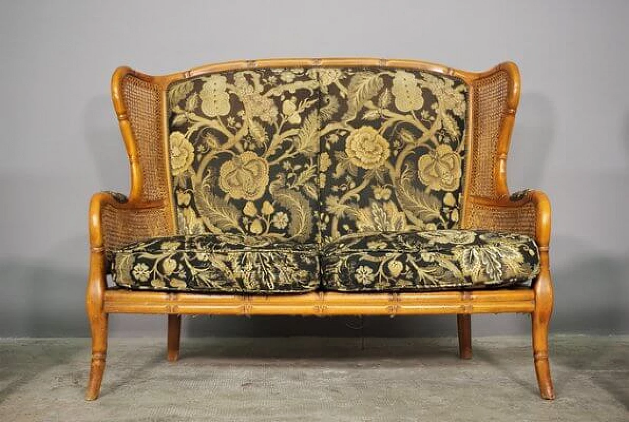 Sofa and pair of armchairs in bamboo, wicker and fabric, 1980s 11