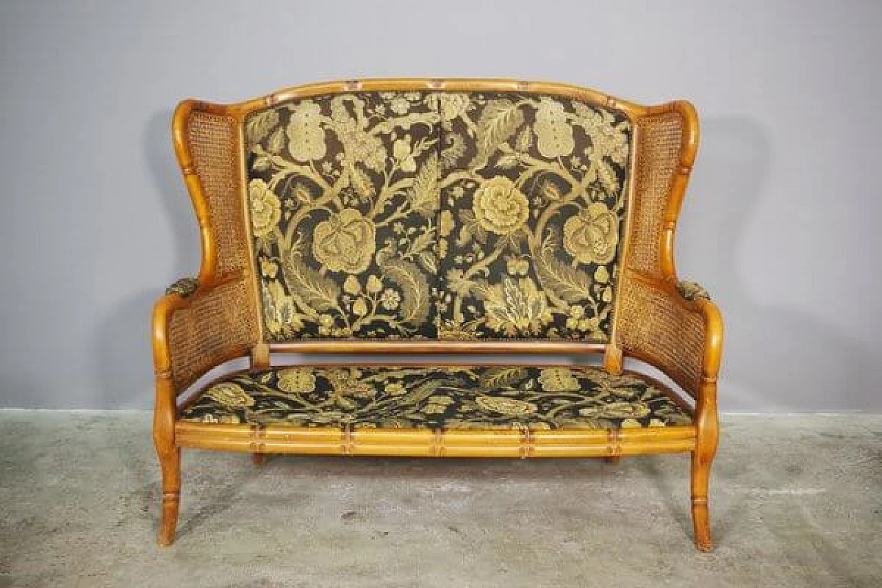 Sofa and pair of armchairs in bamboo, wicker and fabric, 1980s 12