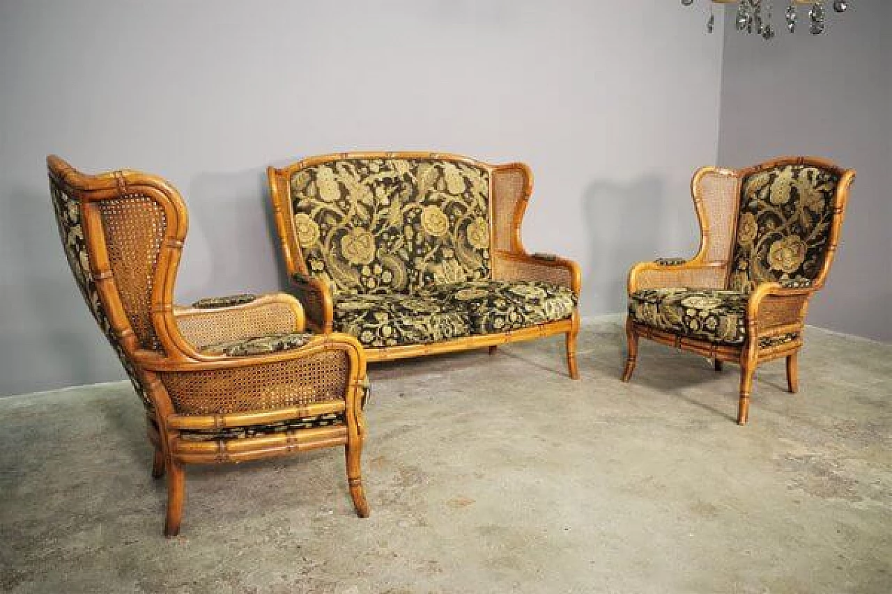 Sofa and pair of armchairs in bamboo, wicker and fabric, 1980s 13