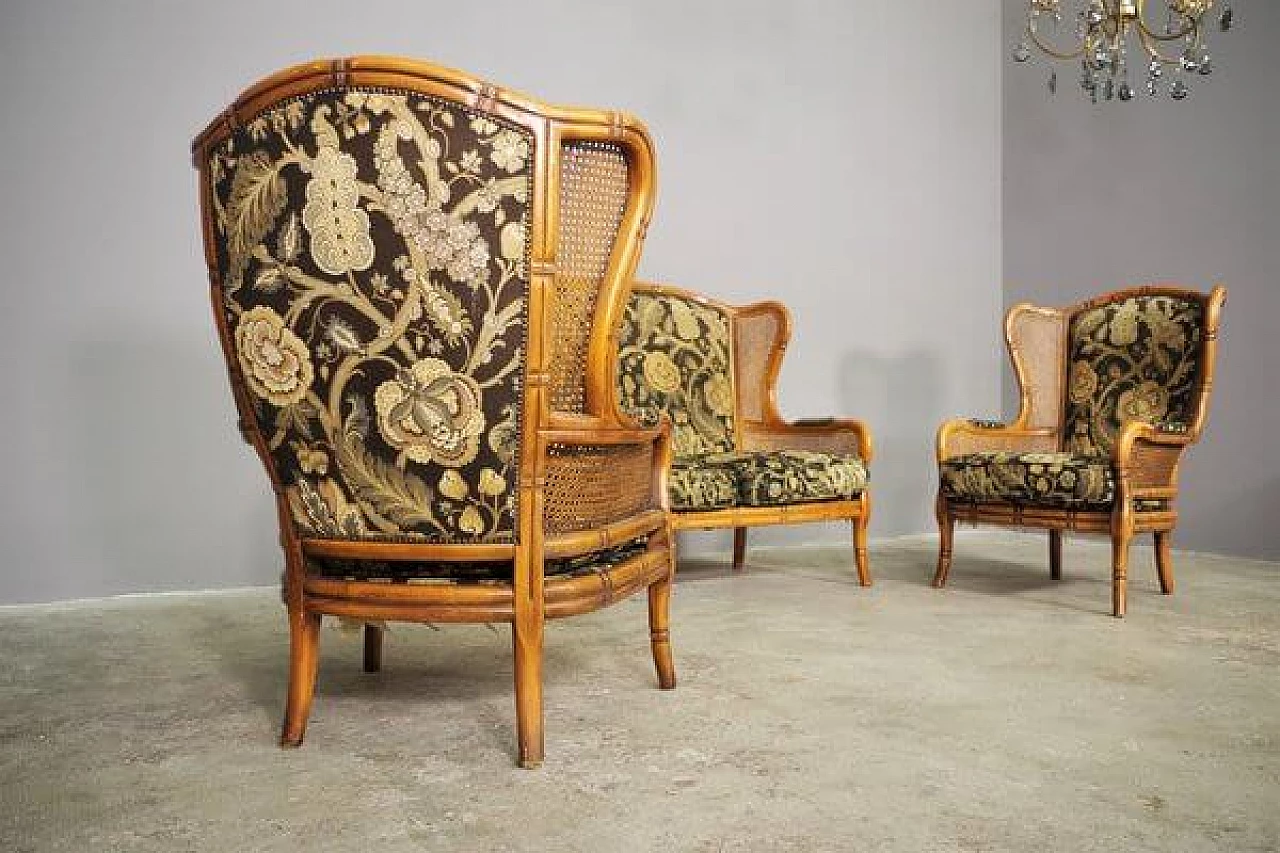 Sofa and pair of armchairs in bamboo, wicker and fabric, 1980s 14
