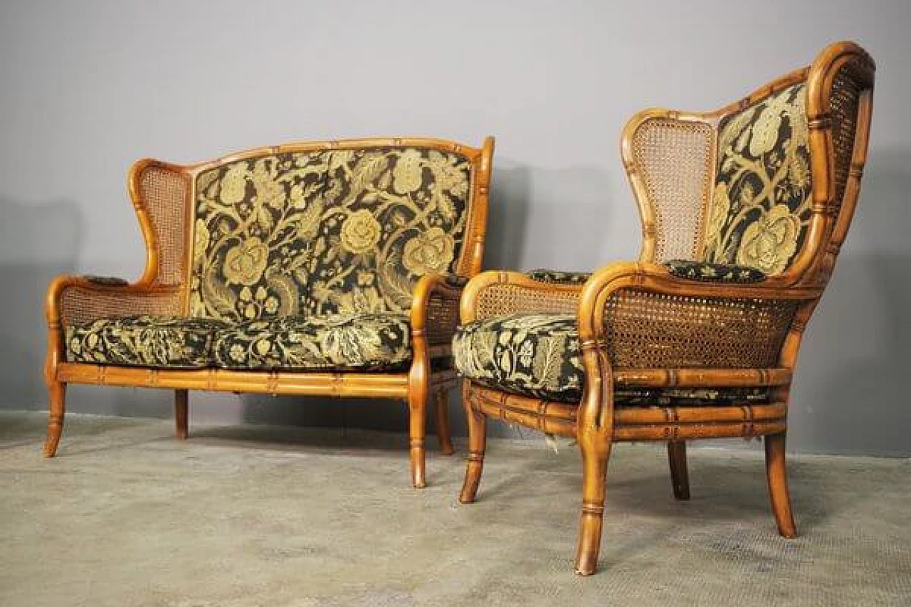 Sofa and pair of armchairs in bamboo, wicker and fabric, 1980s 15