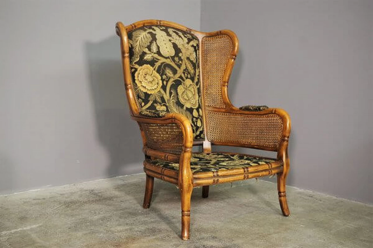 Divano e coppia di poltrone in bambù, vimini e tessuto, anni '80 16