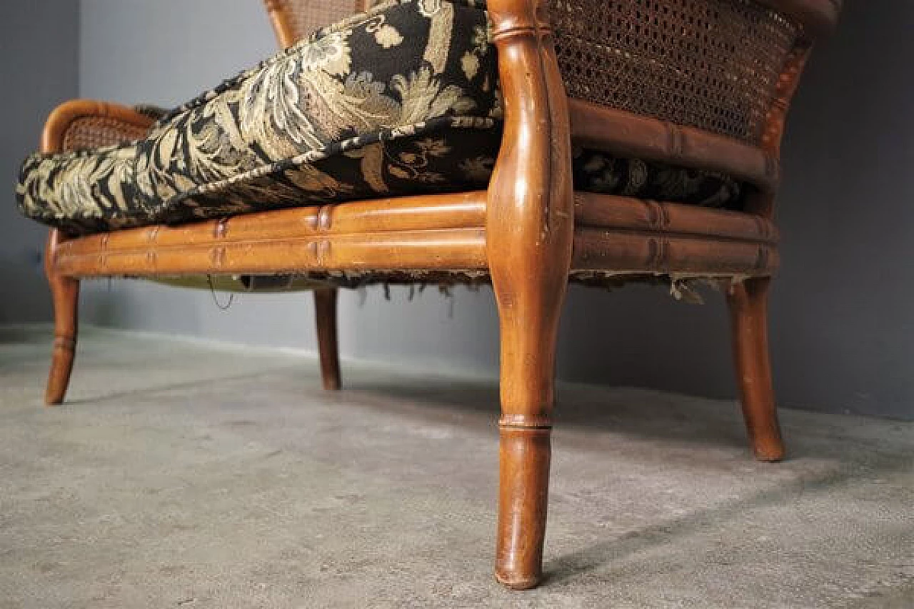 Divano e coppia di poltrone in bambù, vimini e tessuto, anni '80 17