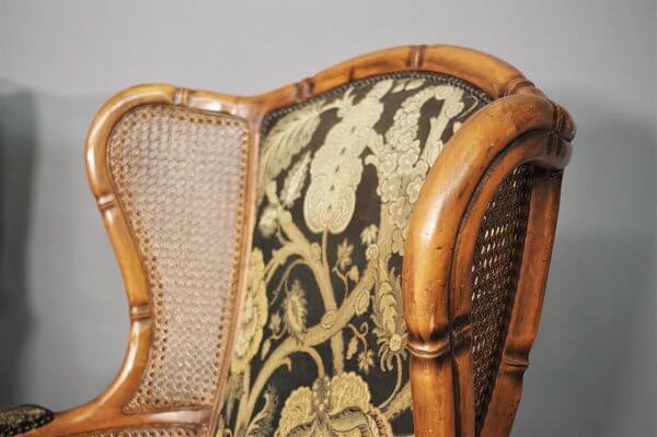 Divano e coppia di poltrone in bambù, vimini e tessuto, anni '80 20