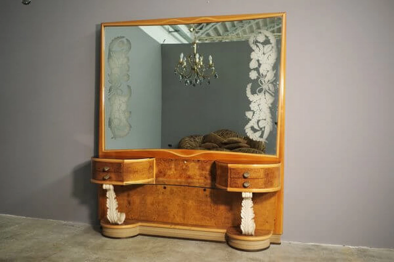 Consolle in legno con specchio decorato e tavolini, anni '50 1