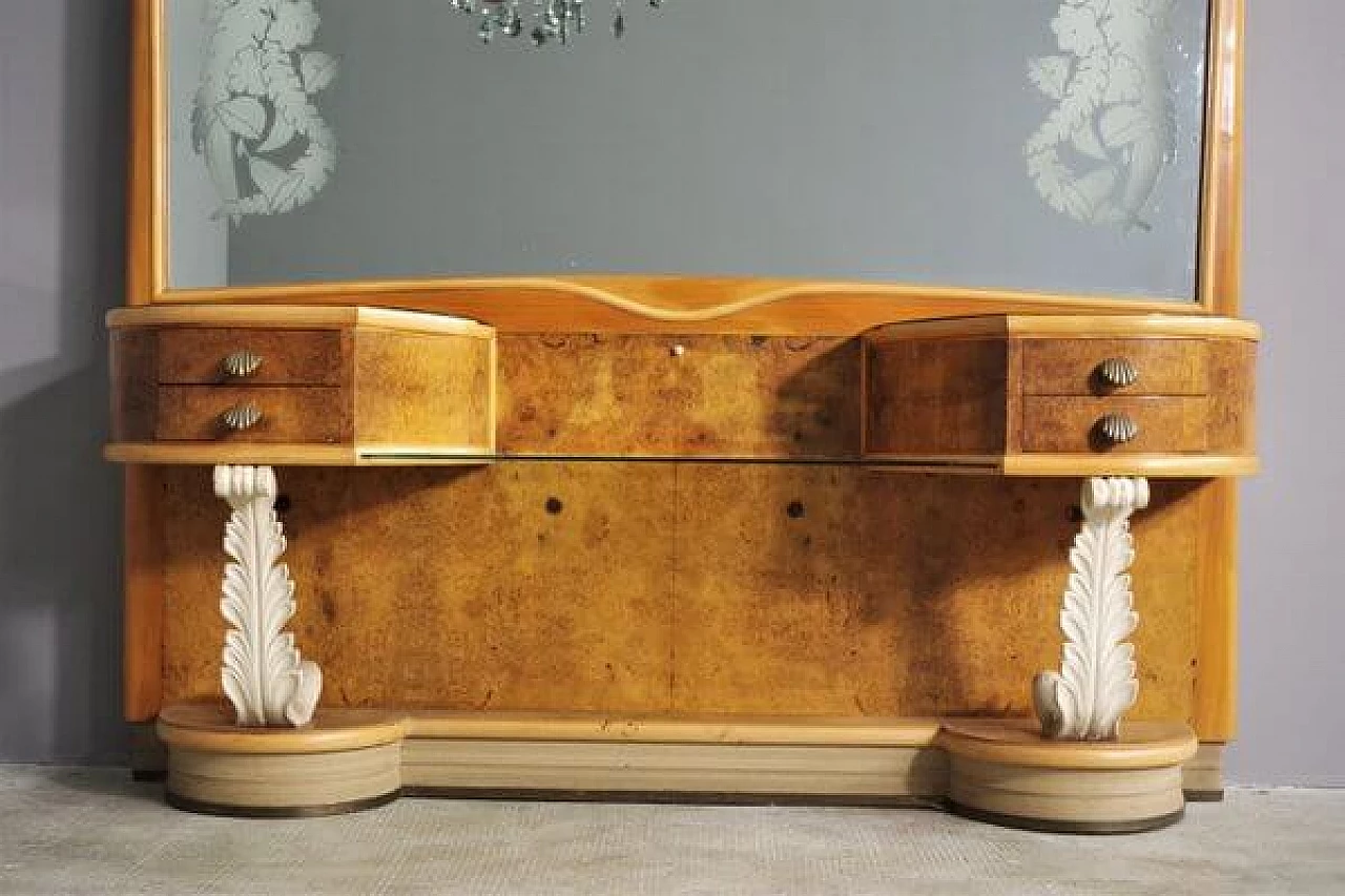 Consolle in legno con specchio decorato e tavolini, anni '50 16