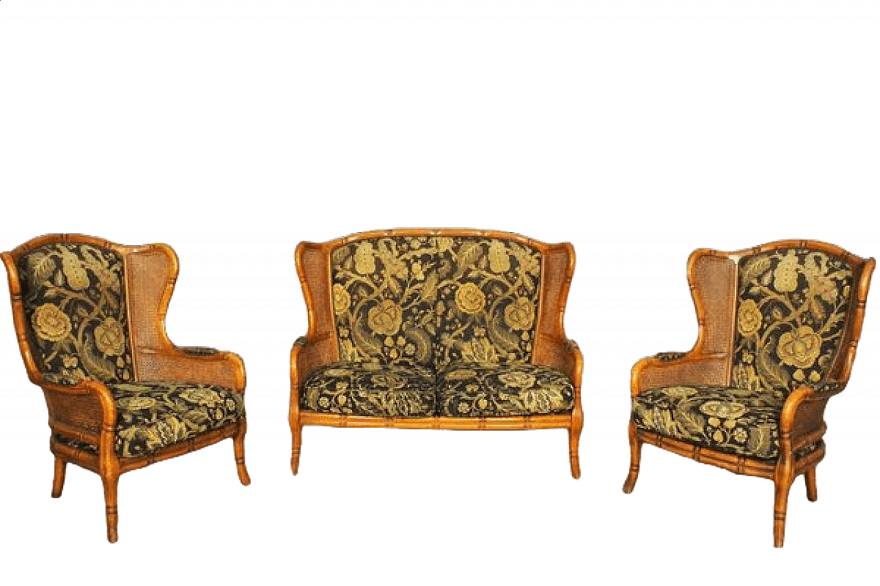 Divano e coppia di poltrone in bambù, vimini e tessuto, anni '80 21