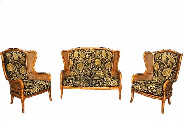 Sofa and pair of armchairs in bamboo, wicker and fabric, 1980s