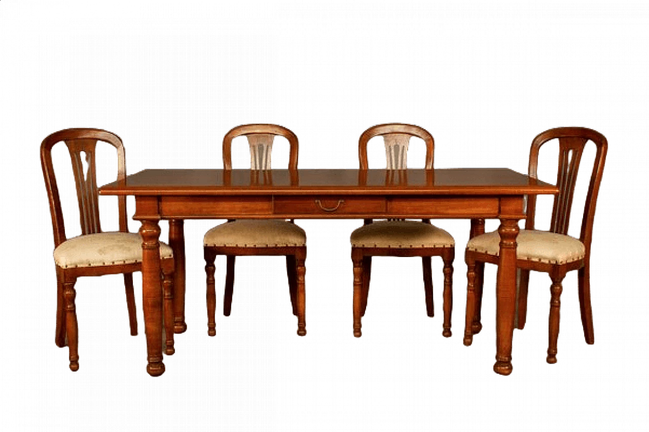 Tavolo in ciliegio con  4 sedie imbottite, anni '80 12