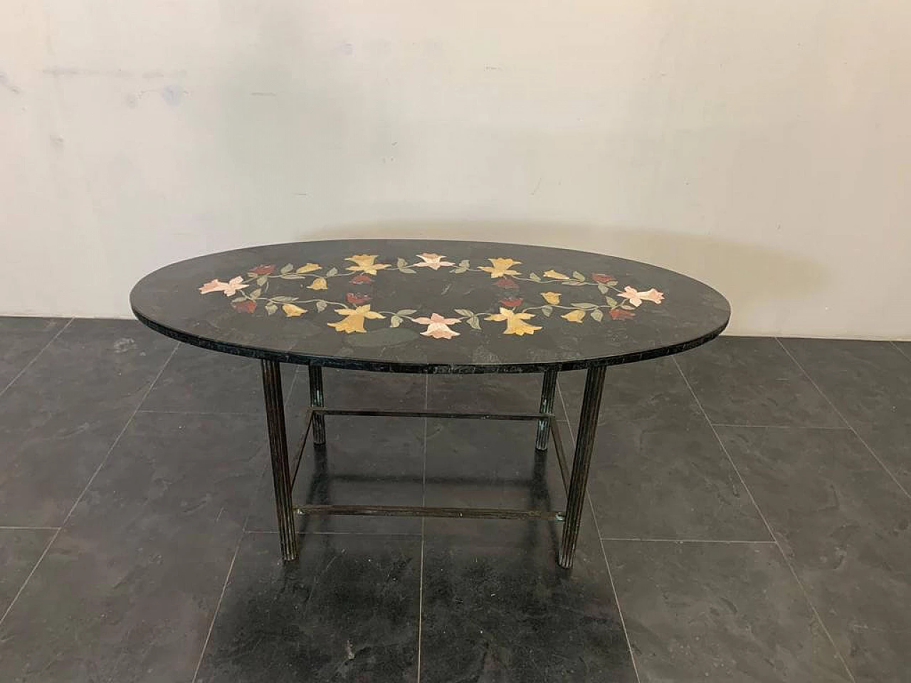 Tavolo con piano in marmo verde intarsiato, anni '30 2