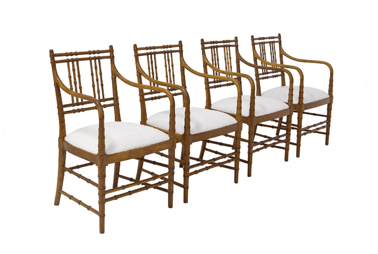 4 French wood and bouclé chairs, 1960s 1