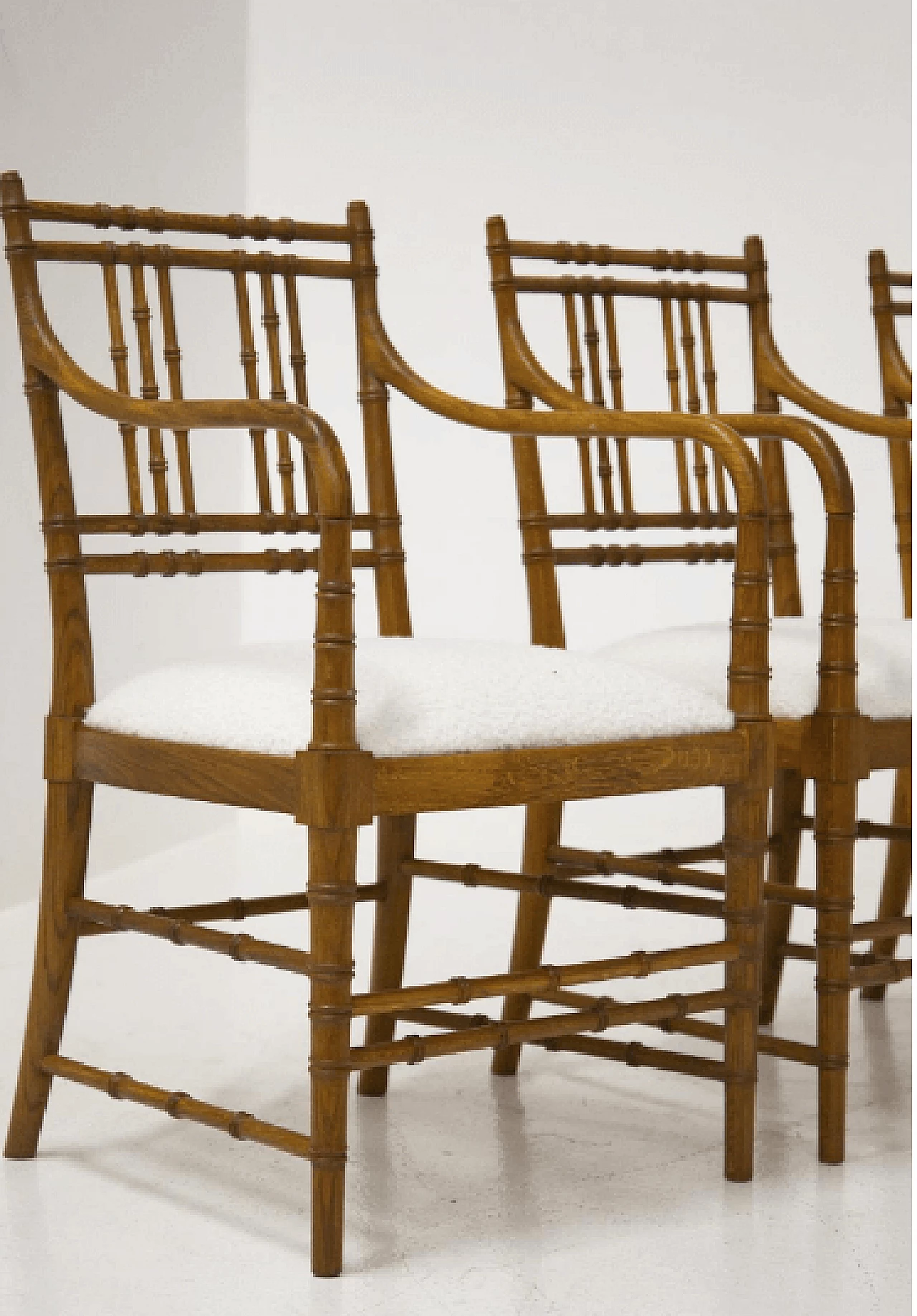 4 French wood and bouclé chairs, 1960s 4