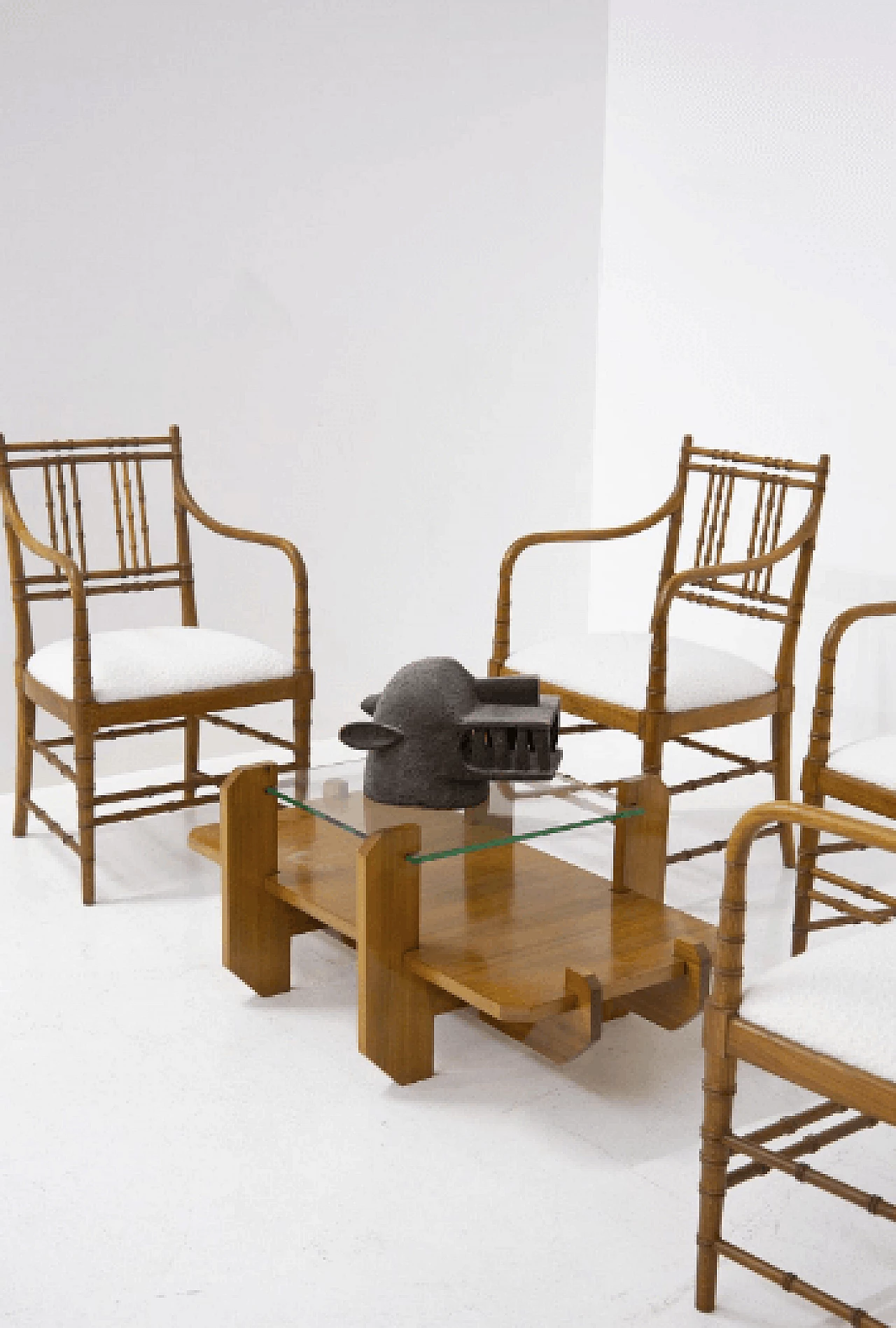 4 French wood and bouclé chairs, 1960s 6