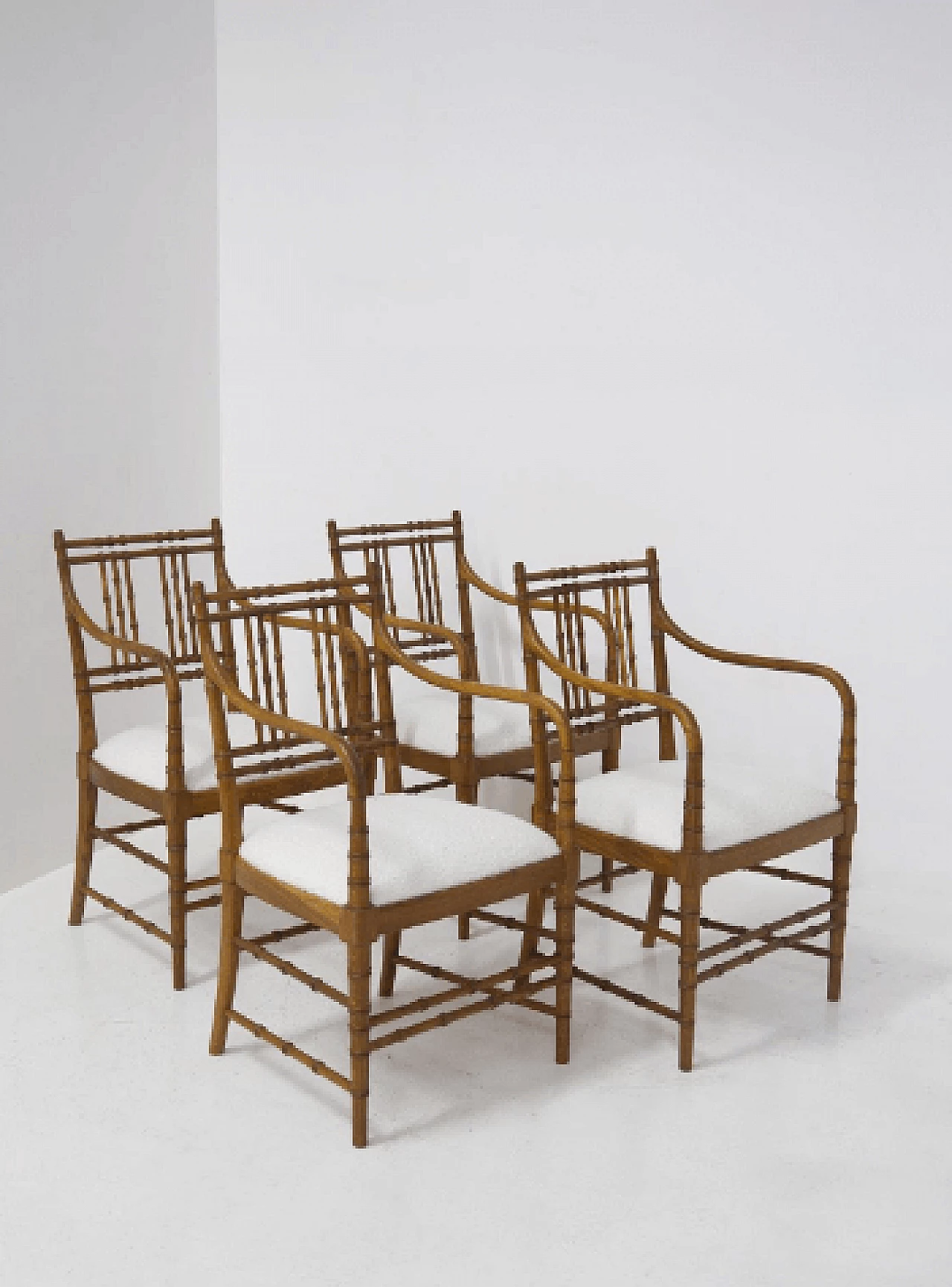 4 French wood and bouclé chairs, 1960s 7