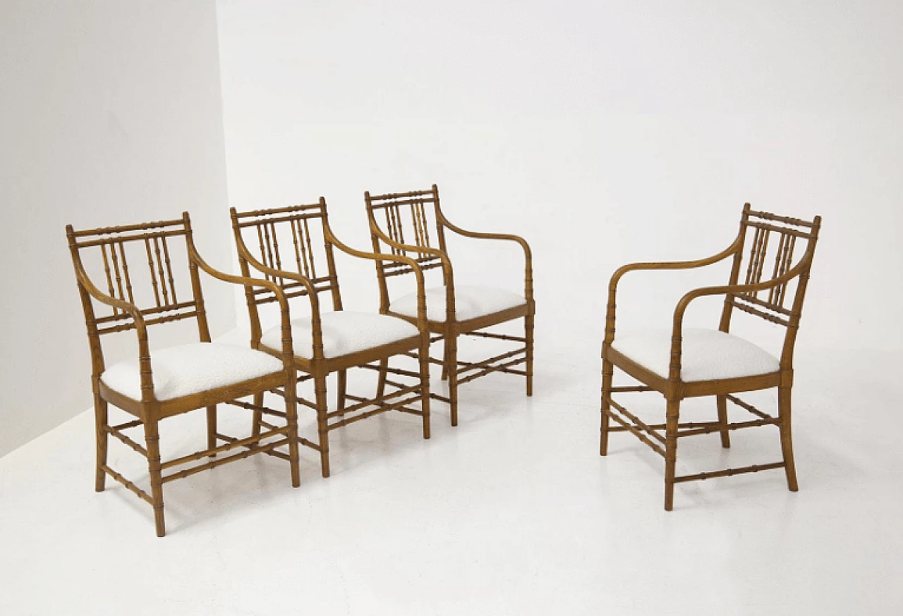 4 French wood and bouclé chairs, 1960s 11