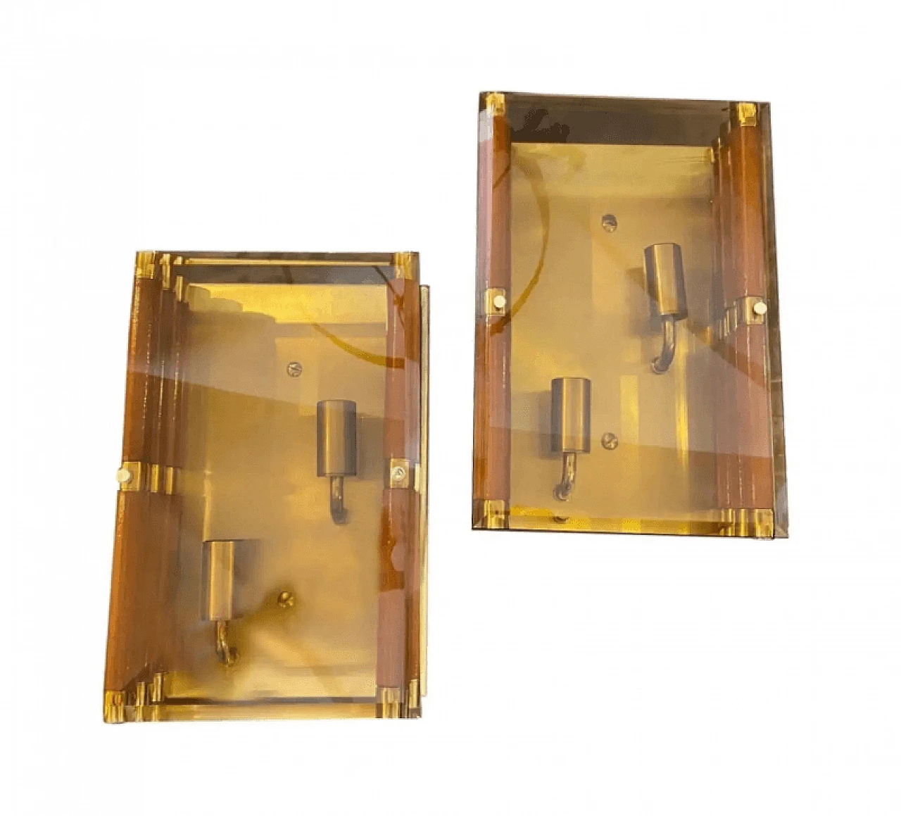 Coppia di lampade da parete in legno, ottone e vetro fumé, anni '70 1