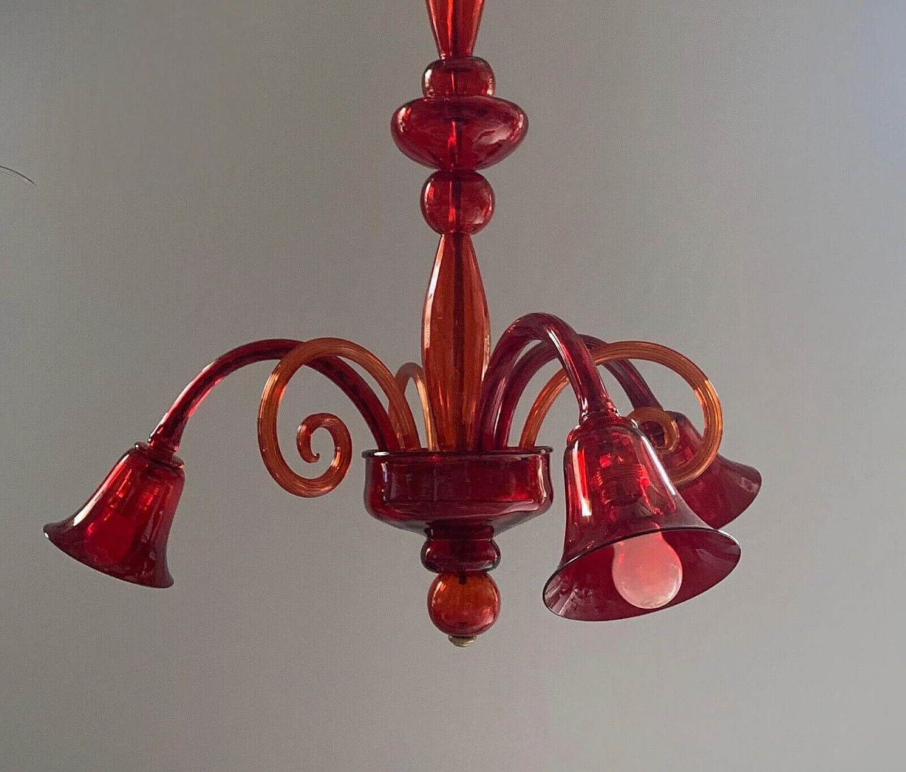 Lampadario a 3 luci in vetro di Murano rosso, anni '40 6
