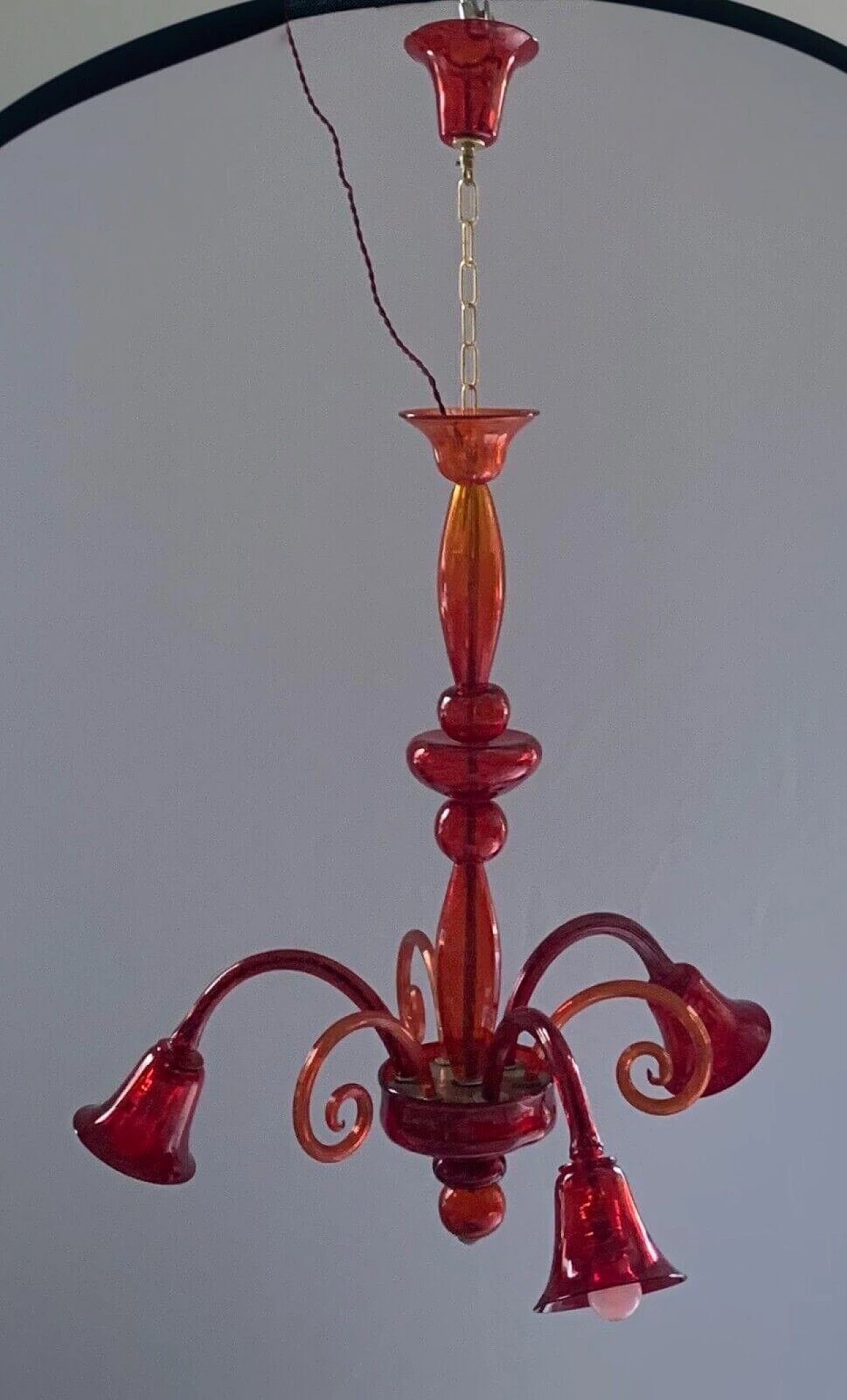Lampadario a 3 luci in vetro di Murano rosso, anni '40 9