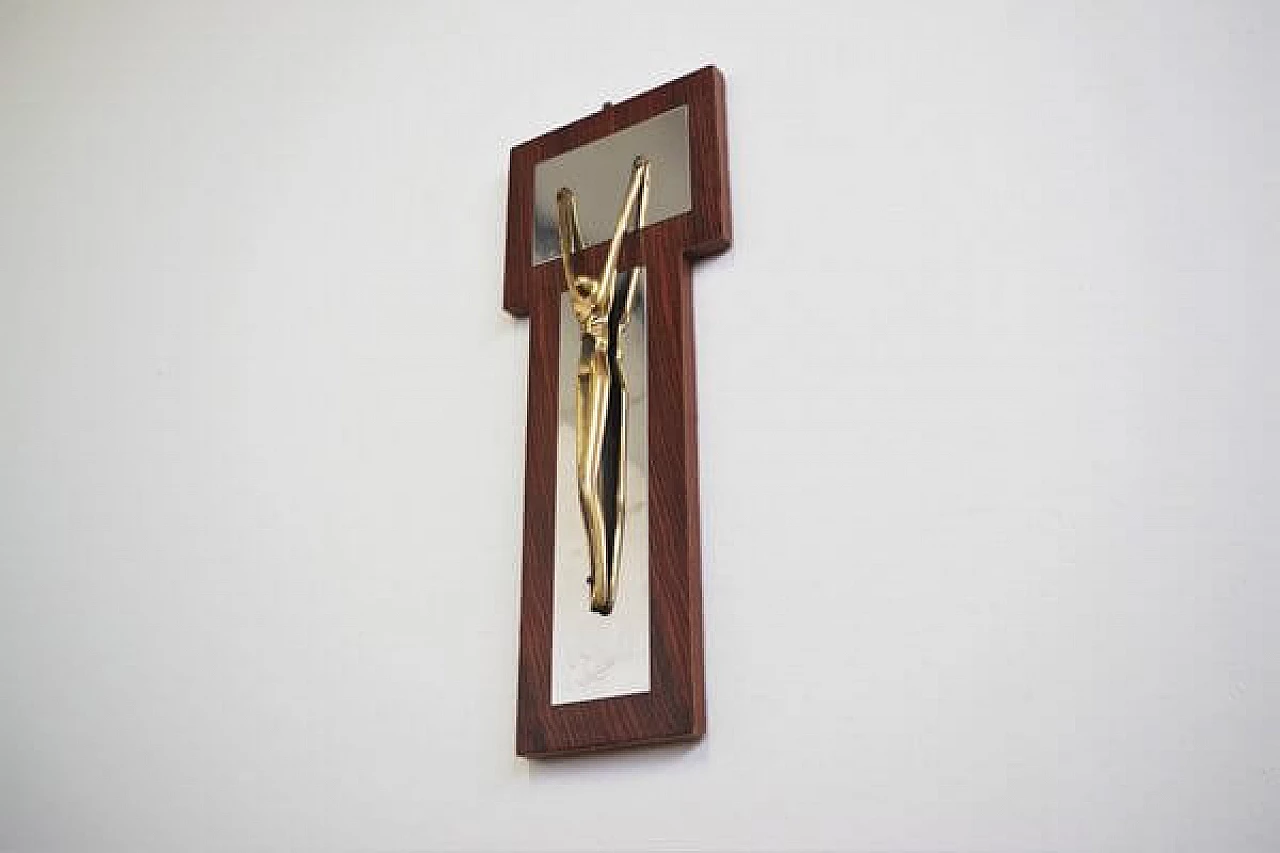 Crucifix by Studio EF in brass, glass and wood, 1975 1
