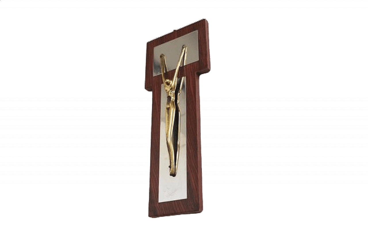 Crucifix by Studio EF in brass, glass and wood, 1975 7