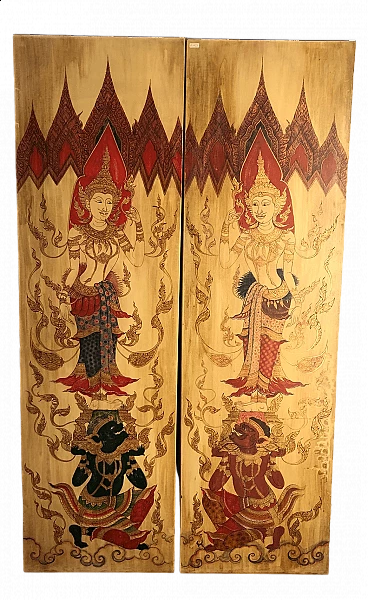 Coppia di pannelli Tailandesi decorati a mano di La Maison Coloniale, primo '900