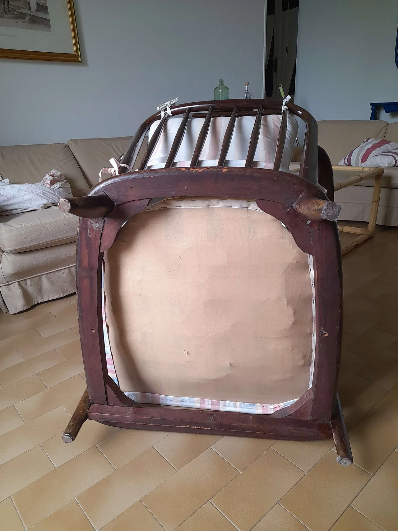Dark wood upholstered armchair, 1950s 2
