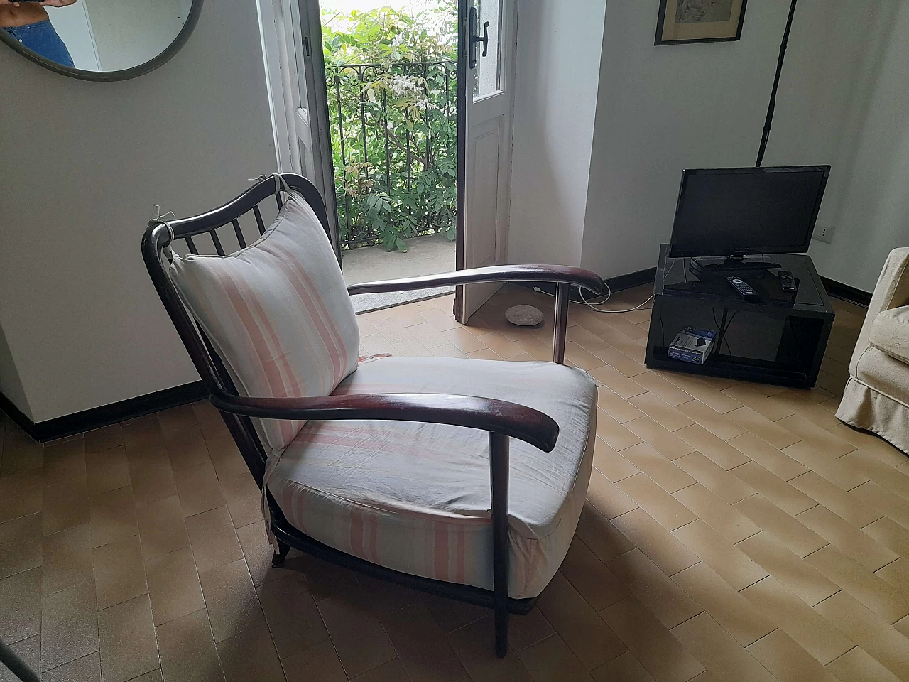 Dark wood upholstered armchair, 1950s 4