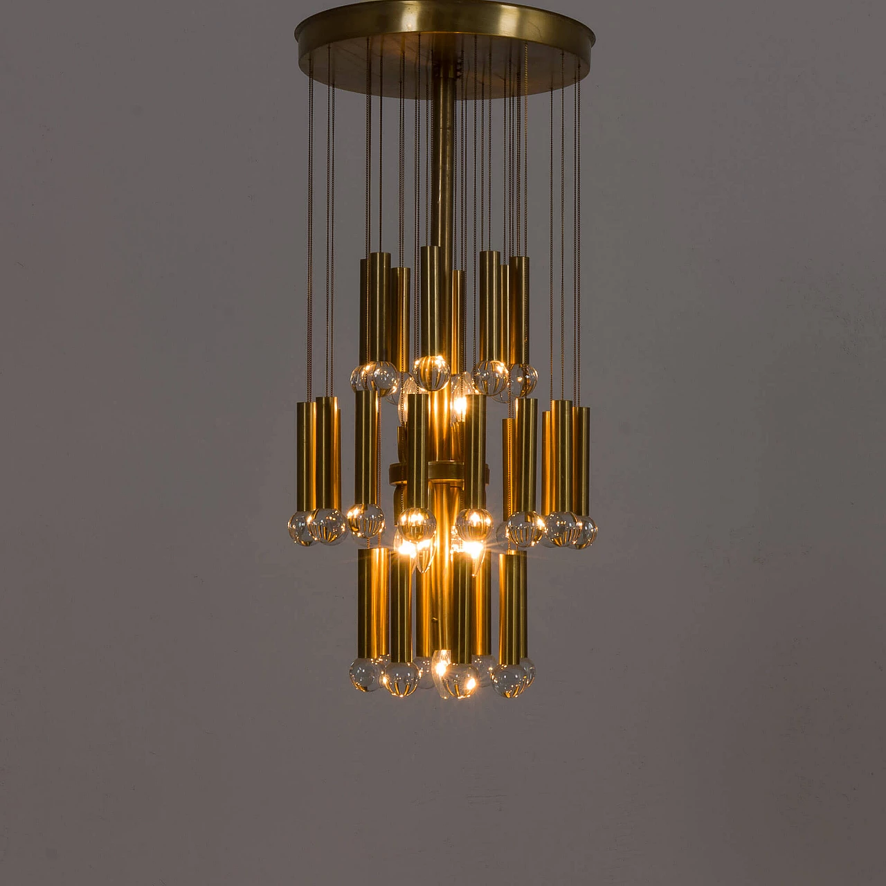 Brass chandelier with crystal globes, 1970s 11