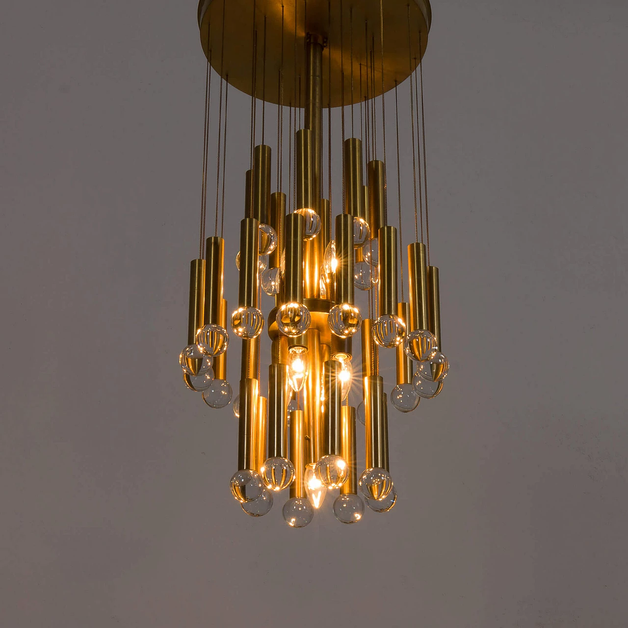 Brass chandelier with crystal globes, 1970s 12