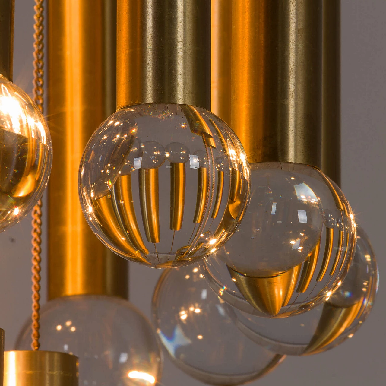 Brass chandelier with crystal globes, 1970s 14