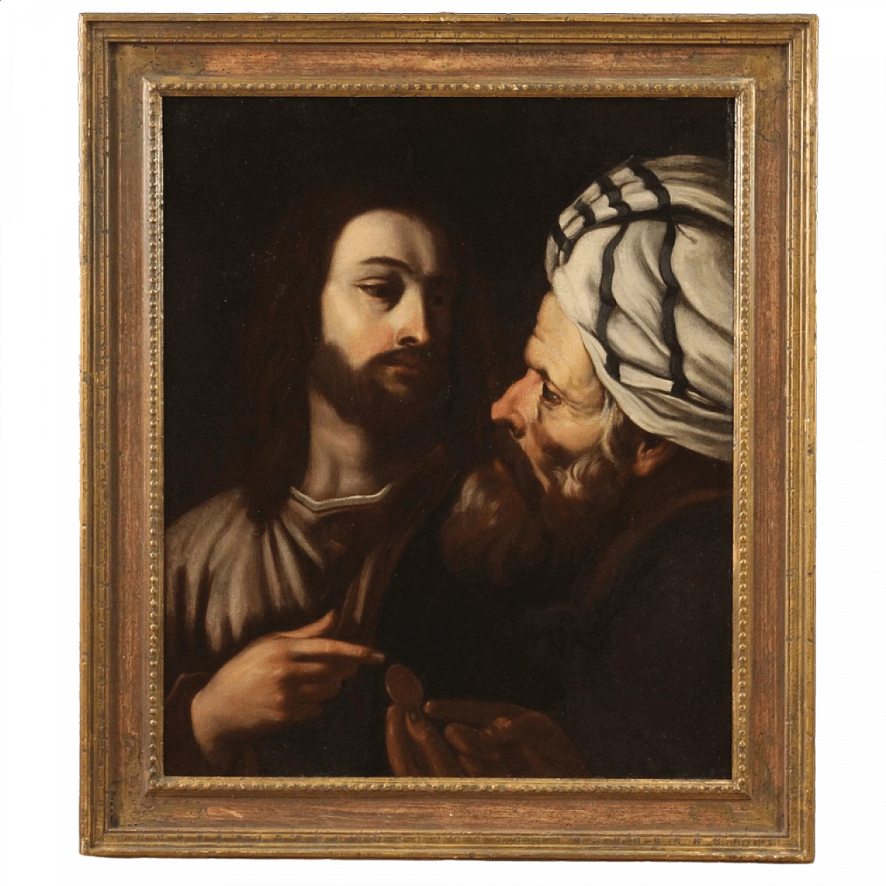 Olio su tela Cristo della moneta con cornice lignea, '600 13