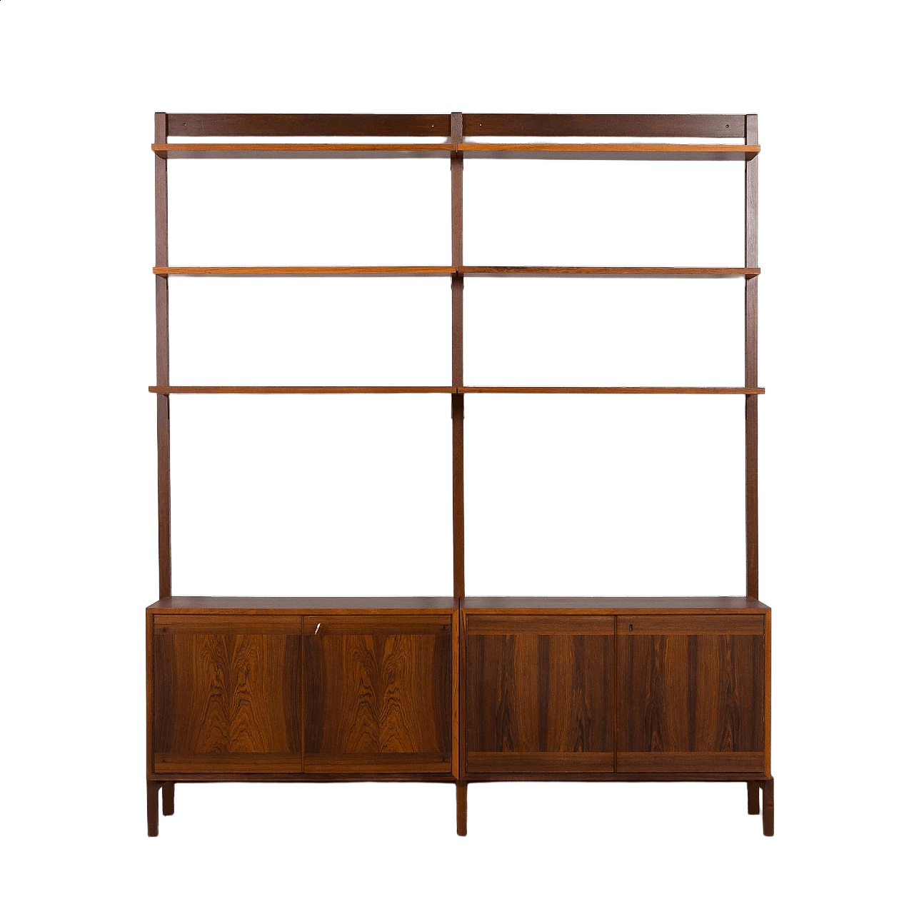 Pensile scandinavo in legno di palissandro con 2 armadi e 6 ripiani, anni '60 23