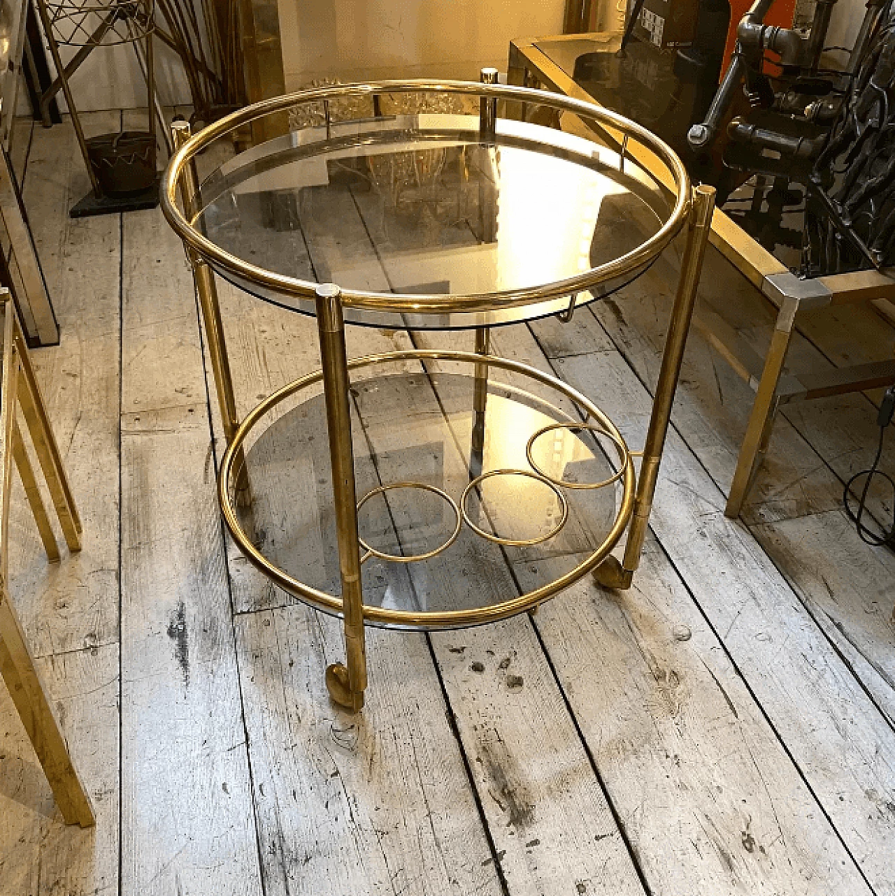 Round brass and smoked glass bar cart, 1970s 8