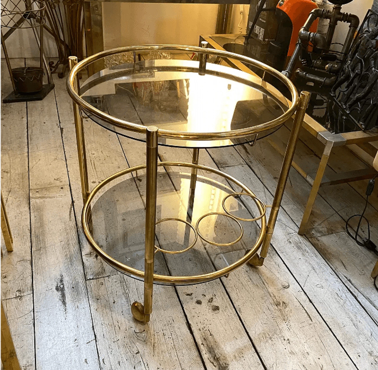 Round brass and smoked glass bar cart, 1970s 10