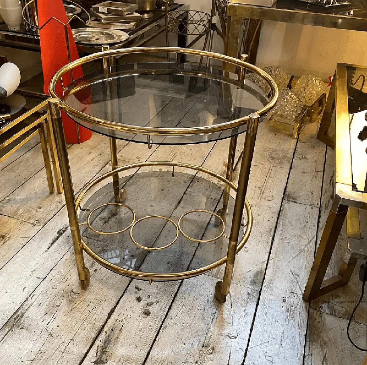 Round brass and smoked glass bar cart, 1970s 11