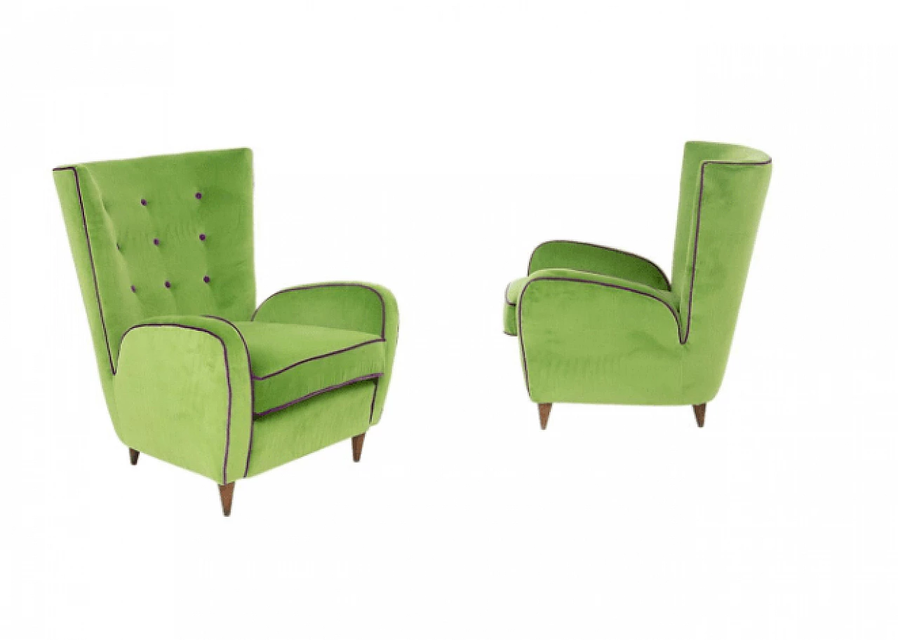 Pair of armchairs in green and purple velvet by Paolo Buffa, 1950s 1