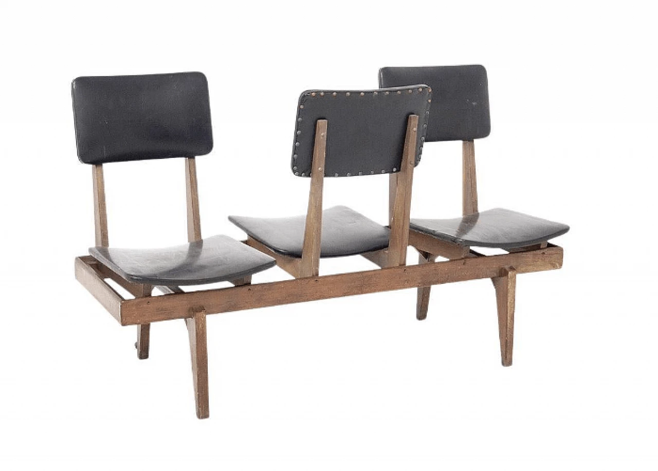 Multidirectional bench in wooden with leather seats, 1950s 1